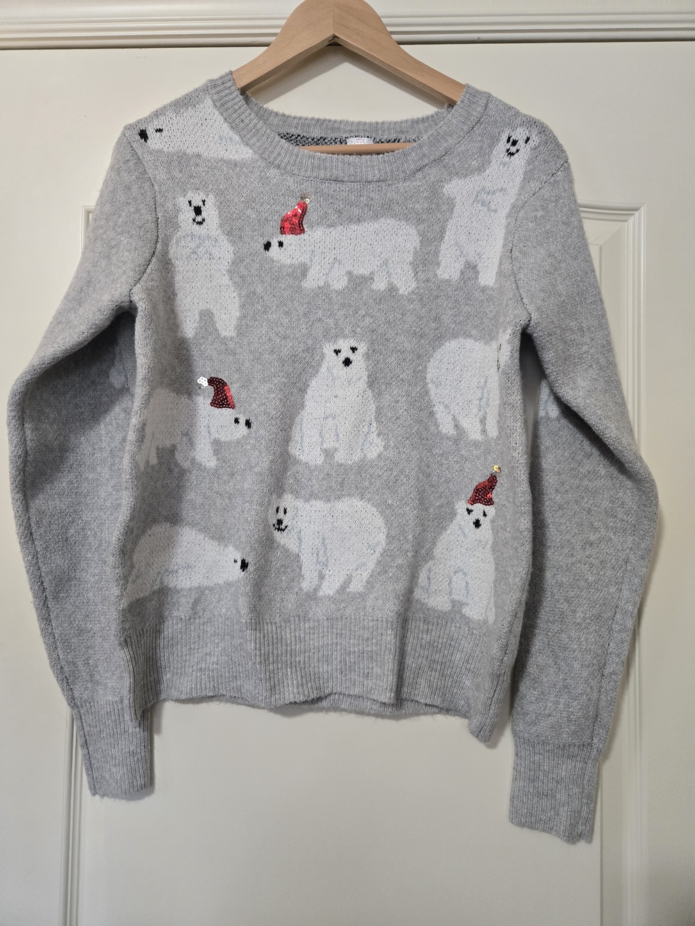Holiday Time Gray Polar Bear Crewneck Sweater with Red Sequin Hats Festive